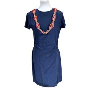 VTG Gillian Womens Dress Size 8 Silk Navy Blue Nautical Faux Wrap Short Sleeve